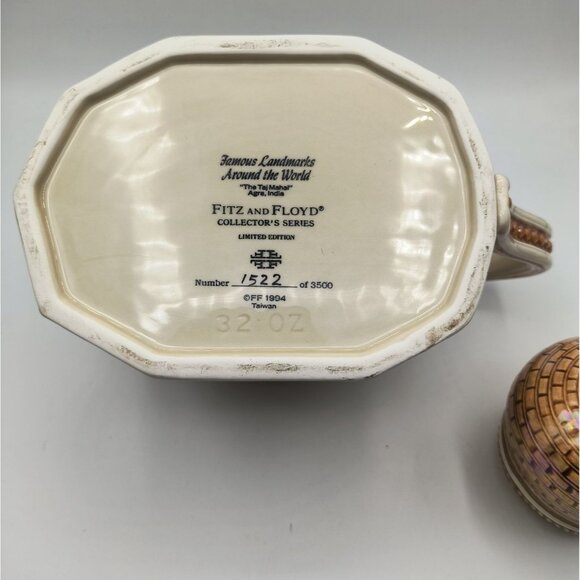 Vintage Fitz and Floyd Taj Mahal Ceramic Teapot With Golden Lid and Handles - Picture 7 of 7